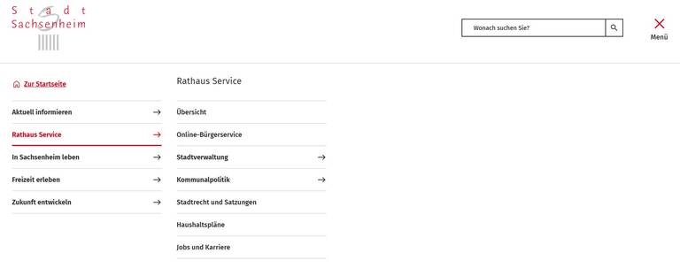 Menü offen - Bereich Rathaus Service