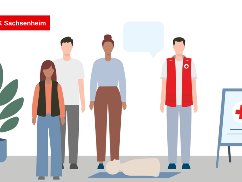 Vier gezeichnete Personen stehen nebeneinander, während eine auf einem Boden ausgestreckte Trainingspuppe umgeben von einem Plakat mit einem Rotkreuz-Symbol und einem Sanitätskasten liegt.
