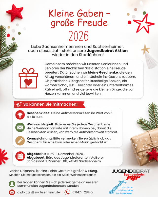Eine Informationskarte zur Aktion "Kleine Gaben - große Freude 2026" mit Anleitungen zum Schenken von Aufmerksamkeiten an Senioren, verziert mit weihnachtlichen Motiven wie Sternen und Tannenzweigen.
