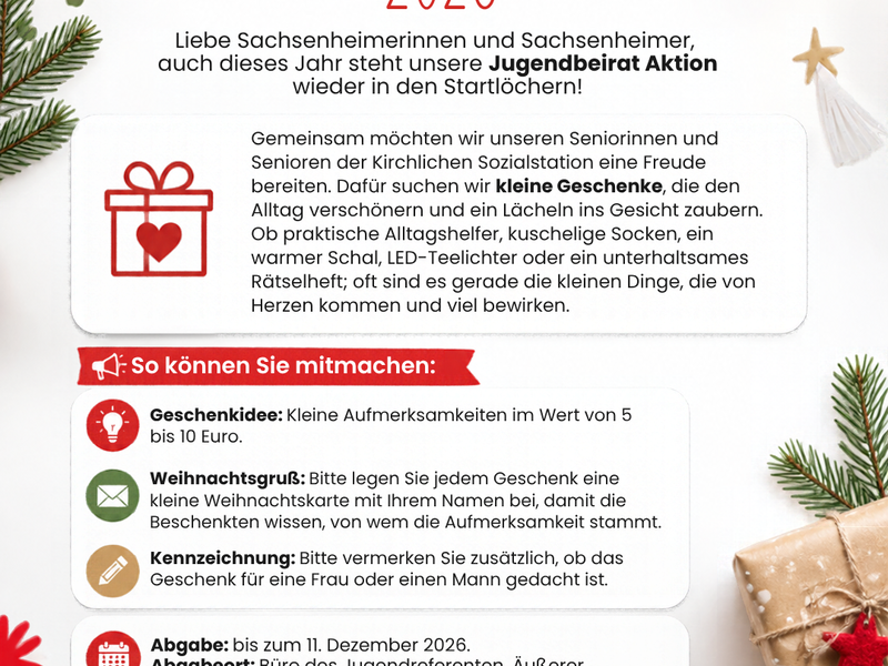 Eine Informationskarte zur Aktion "Kleine Gaben - große Freude 2026" mit Anleitungen zum Schenken von Aufmerksamkeiten an Senioren, verziert mit weihnachtlichen Motiven wie Sternen und Tannenzweigen.
