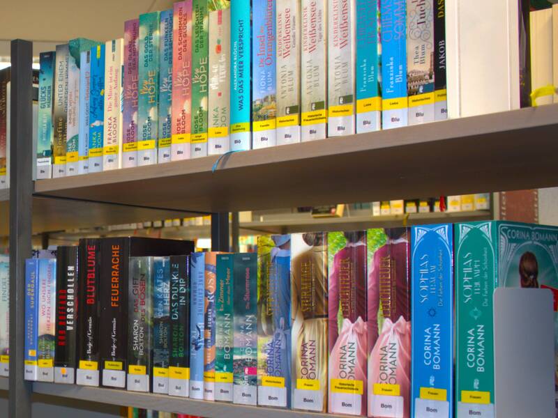 Ein Bücherregal mit einer Vielzahl bunter Buchrücken in einer Bibliothek.