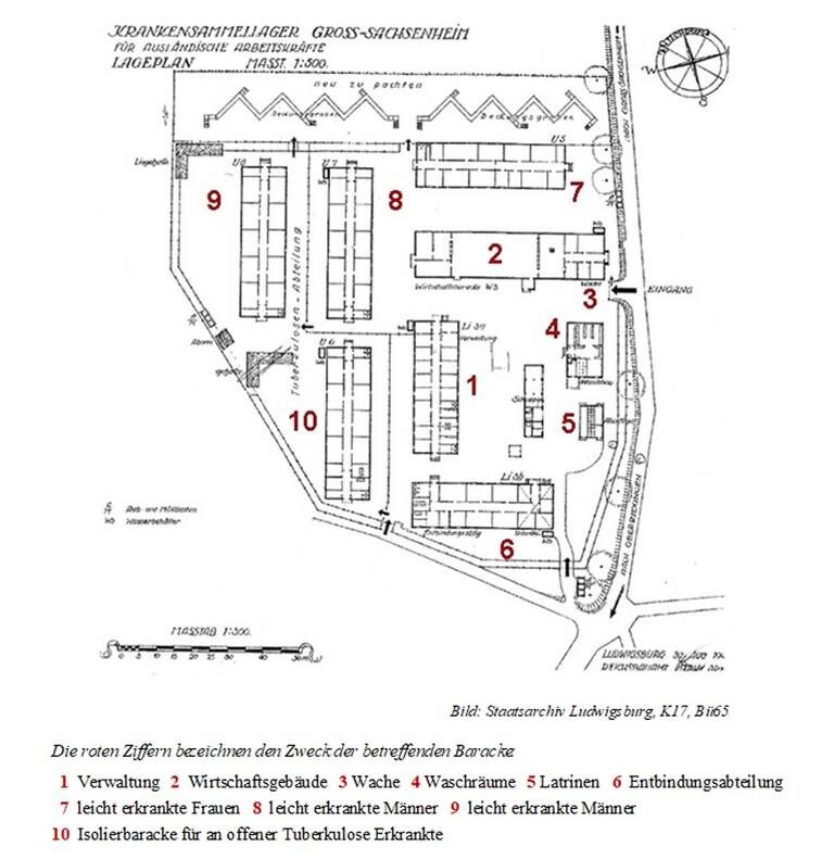 Der Lageplan zeigt ein Krankenhauslager mit nummerierten Gebäuden, die Verwendungszwecke wie Verwaltung, Wirtschaftsgebäude, Wachräume, Wasch- und Sanitäranlagen sowie Unterkünfte für leicht erkrankte Männer und Frauen und eine Isolierbaracke für Tuberkulosepatienten darstellen.