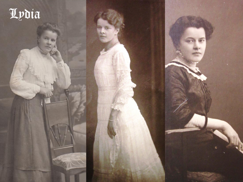 Auf dem Bild sind drei historische Fotografien derselben Frau in unterschiedlicher Kleidung und Posen zu sehen, mit dem Schriftzug "Lydia" in der oberen linken Ecke.