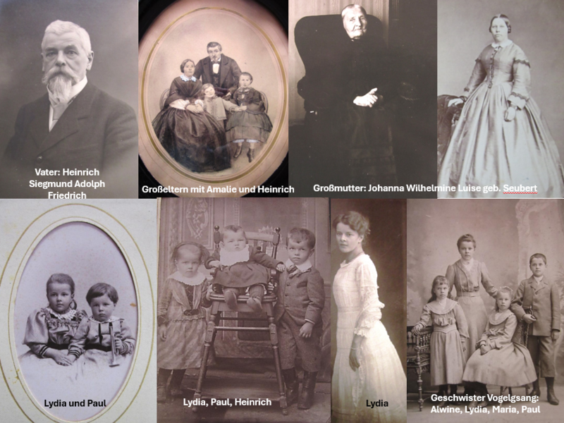 Eine Collage von sieben historischen Fotografien zeigt verschiedene Familienmitglieder in formeller Kleidung, darunter Großeltern, Eltern und Kinder.