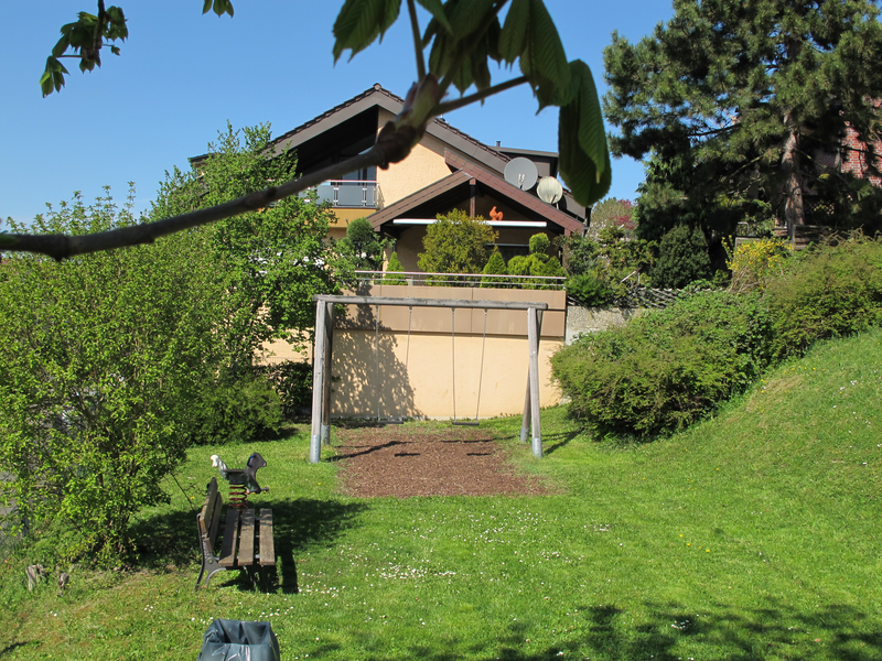 Ein Garten mit einer Schaukel, Bäumen und einem Haus im Hintergrund.