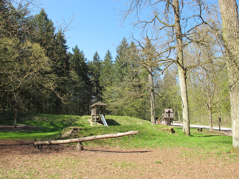 Ein Waldspielplatz mit einer Wippe und zwei Klettergerüsten vor einem Hintergrund aus hohen Bäumen.