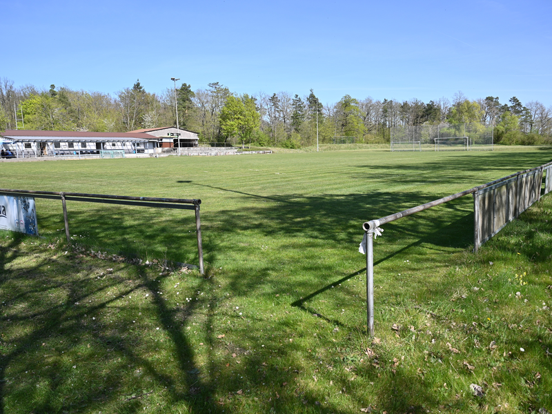 Ein Fußballfeld mit Tor im Hintergrund, umgeben von einem dünnen Zaun und von Bäumen umsäumt, mit einem Gebäude im Hintergrund.