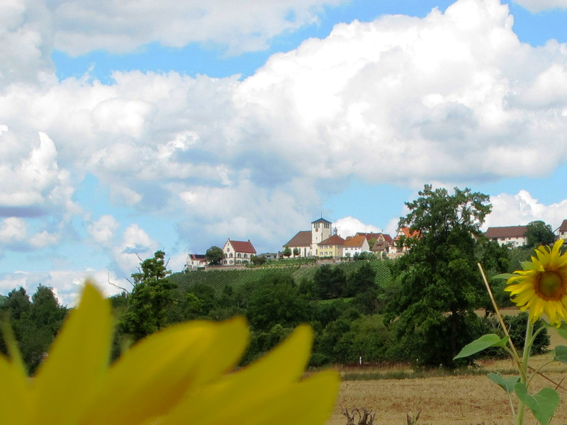 Im Vordergrund des Bildes sind Sonnenblumen zu sehen, während im Hintergrund eine Dorfansicht mit Hügeln, Wolken und blauem Himmel zu erkennen ist.