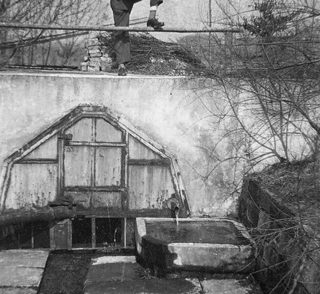 Ein Mann in einem Anzug lehnt lässig auf einem Zaun über einer alten, steinernen Terrasse mit einem verfallenen Fenster im Hintergrund.