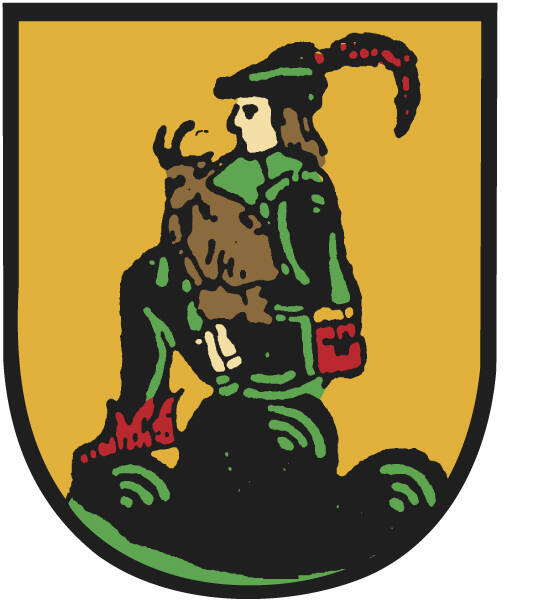 Das Bild zeigt ein Wappen mit einem stilisierten sitzenden Jäger, der ein Reh hält, vor einem goldenen Hintergrund.