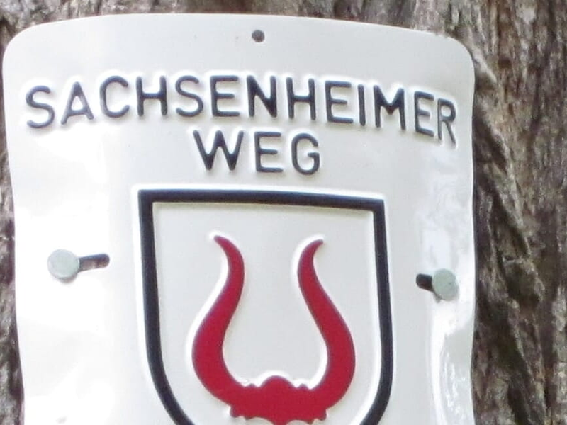 Ein Schild mit der Aufschrift "Sachsenheimer Weg" und einem roten Hornsymbol hängt an einem Baumstamm, umgeben von grünen Blättern.