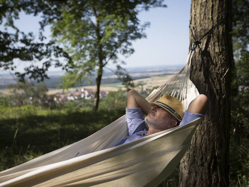 Eine Person mit Hut liegt entspannt in einer Hängematte zwischen Bäumen, mit einer malerischen Landschaft im Hintergrund.