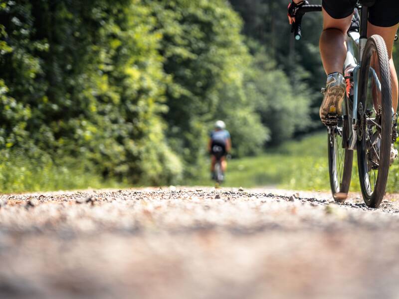 Zwei Personen fahren auf einem Schotterweg mit dem Fahrrad durch eine grüne, bewaldete Umgebung.