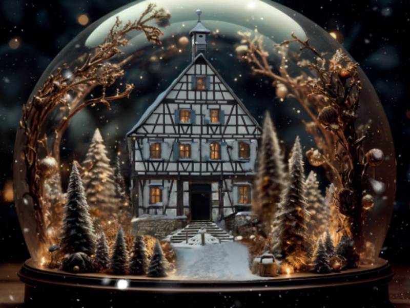 Eine Schneekugel zeigt ein festlich beleuchtetes Fachwerkhaus, umgeben von schneebedeckten Bäumen und funkelnden Lichtern.