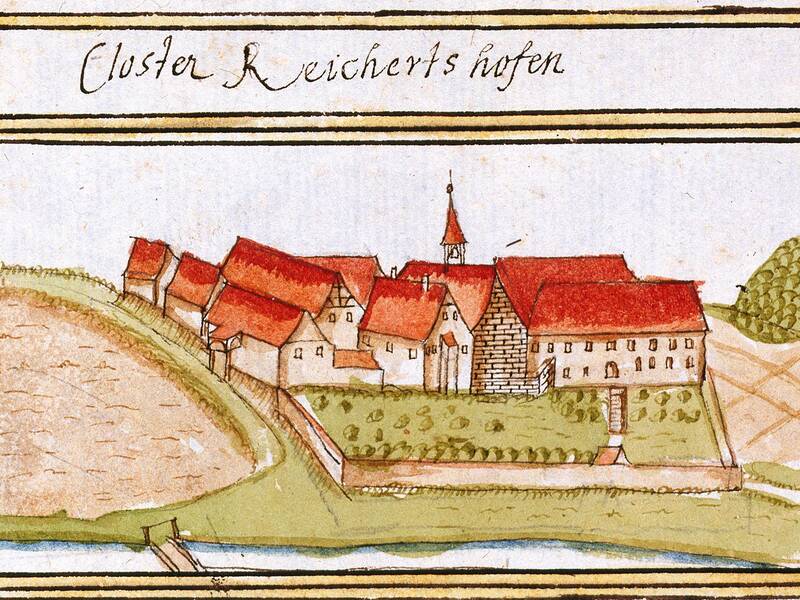 Kloster Rechentshofen. Ansicht aus dem Forstlagerbuch von Andreas Kieser, 1684. Das Bild zeigt eine historische Zeichnung eines Klosters mit roten Dächern, umgeben von grünen Hügeln, mit der Aufschrift "Kloster Reichertshofen" darüber.