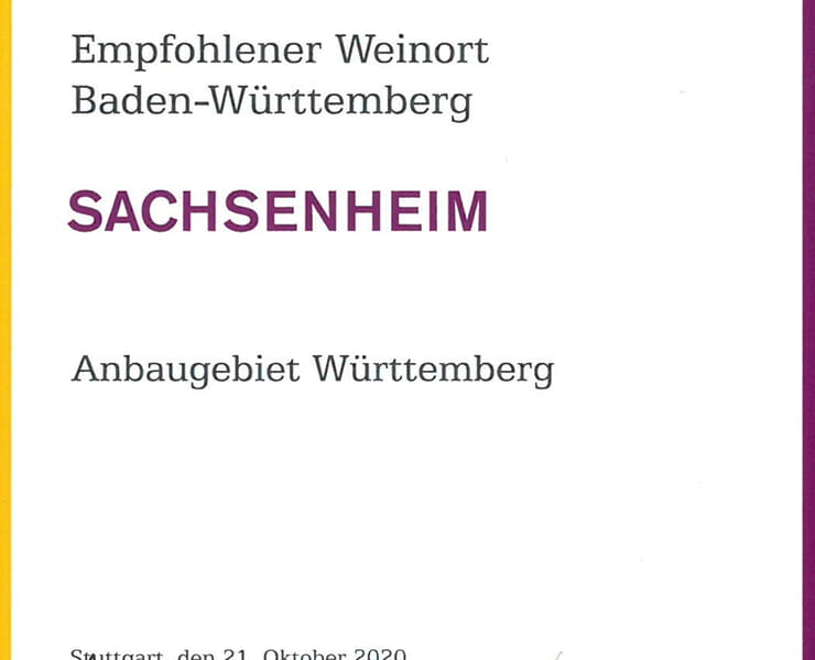 Eine Urkunde, die Sachsenheim als empfohlenen Weinort in Baden-Württemberg auszeichnet, mit Unterschriften am unteren Rand.