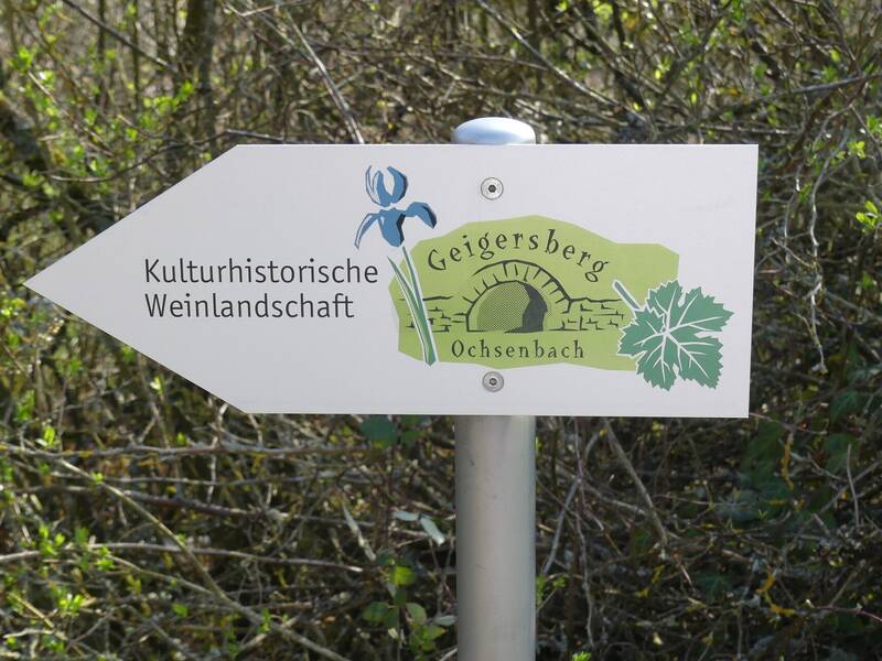 Ein Schild zeigt den Weg zur kulturhistorischen Weinlandschaft "Geigersberg Ochsenbach" mit einer grafischen Darstellung von Weinblättern und einer Blume.