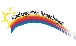 Das Bild zeigt einen stilisierten Regenbogen mit dem Schriftzug "Kindergarten Regenbogen" darüber, begleitet von einer gelben Sonne mit geschwungenen Strahlen links.