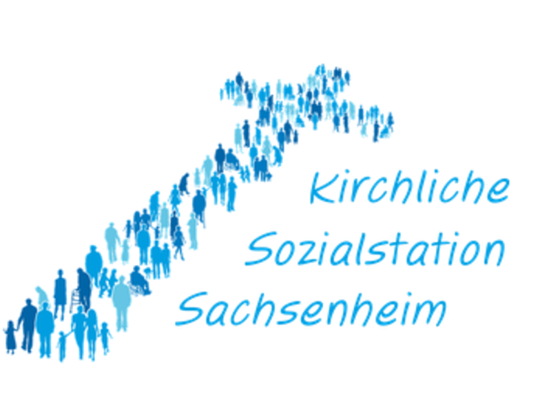 Das Logo besteht aus einer Gruppe von blauen Silhouetten von Menschen, die eine Kreuzform bilden, daneben steht der Schriftzug "Kirchliche Sozialstation Sachsenheim".