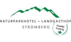Das Bild zeigt das Logo des Naturparkhotels Landgasthof Stromberg mit einem stilisierten grünen Berg und einem Stempel mit der Aufschrift "Familie Gemrig".
