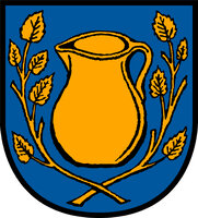 Ein Wappen mit einem gelben Krug in der Mitte, umgeben von zwei gekreuzten Zweigen mit Blättern auf blauem Hintergrund.