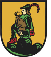 Das Bild zeigt ein Wappen mit einem stilisierten sitzenden Jäger, der ein Reh hält, vor einem goldenen Hintergrund.