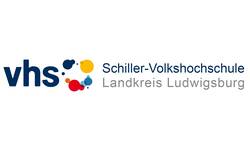 blauer Schriftzug vhs, rechts daneben ein bunter Kreis aus Punkten und dem Text daneben Schiller-Volkshochschule Landkreis Ludwigsburg