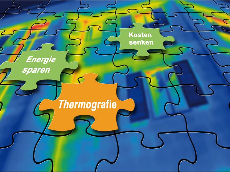Das Bild zeigt ein Puzzle mit drei hervorgehobenen Teilen, die die Begriffe "Energie sparen", "Kosten senken" und "Thermografie" auf einer bunten wärmebildartigen Hintergrundoberfläche enthalten.
