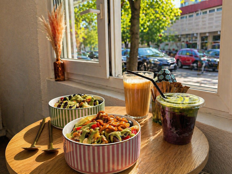 Auf einem runden Holztisch vor einem offenen Fenster stehen zwei bunte Bowls mit Löffeln, ein orangener Latte und ein grüner Smoothie, während draußen Autos und Bäume zu sehen sind.