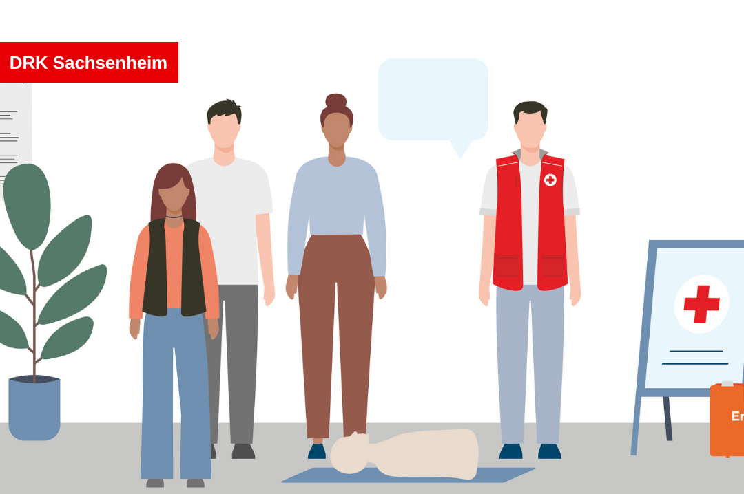 Vier gezeichnete Personen stehen nebeneinander, während eine auf einem Boden ausgestreckte Trainingspuppe umgeben von einem Plakat mit einem Rotkreuz-Symbol und einem Sanitätskasten liegt.