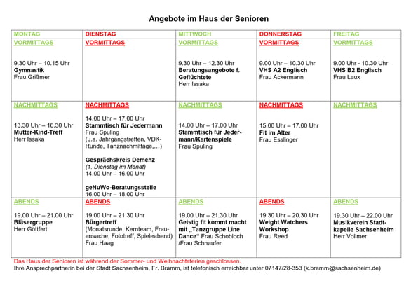 Haus der Senioren Belegung